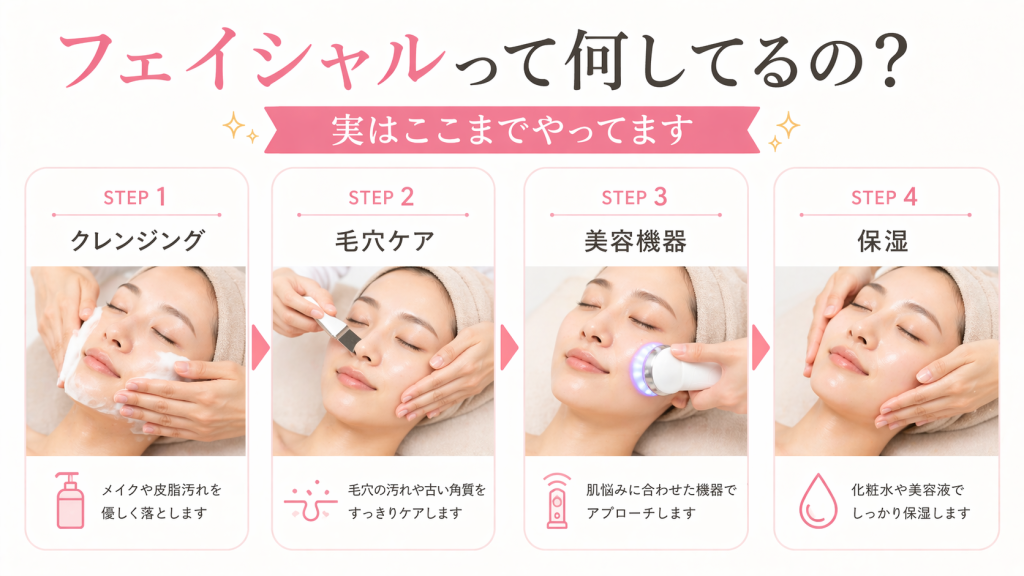 フェイシャルの施術内容を4ステップで解説｜クレンジング・毛穴ケア・美容機器・保湿の流れ｜豊橋市フェイシャルサロン