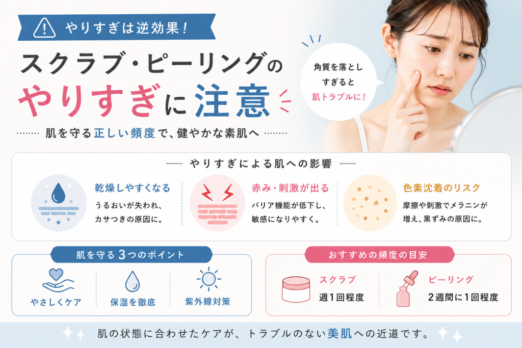 スクラブやピーリングのやりすぎによる肌への影響を解説｜角質の落としすぎで起こる乾燥・赤み・刺激｜豊橋市のフェイシャルサロン